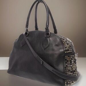 CHRISTIAN LOUBOUTIN Oversized Spiked Carryall Boston Bag Black Silver Gold Studs